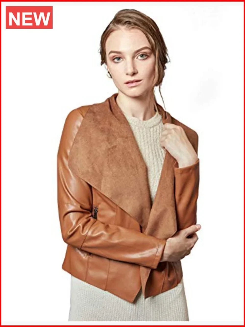 Faux Leather Jacket Slim Open Front Lapel Blazer - Picture 2 of 7